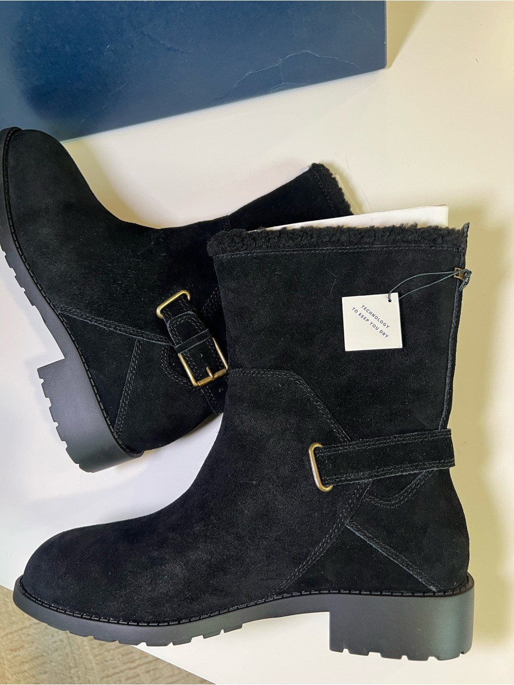 Cole Haan Black Suede Shearling-Lined Buckle Ankle Boots - Picture 3 of 8